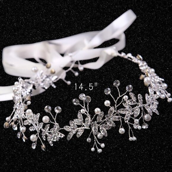 Crystal Hair Vine Bride Wedding Silver Pearl Bridal Headpiece Rhinestone Leaf Ha - Picture 6 of 7